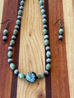 Handcrafted Boho Olive Green and Light Pink Beaded Necklace and Earring Set